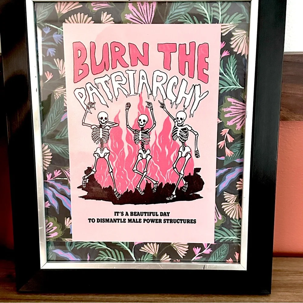 Burn the Patriarchy Skeleton Fire Pink Moody Floral Canvas Art Print Framed Art